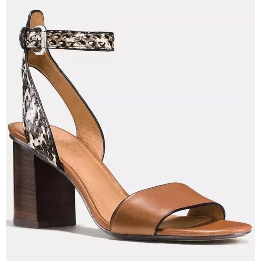 Coach Paige MAT Calf Land Snake Saddle Black And White Open Toe Size 7M NEW